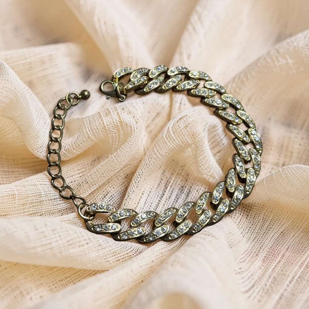 Vintage 80s 90s Rhinestone Curb Link Bracelet Gold Brass Tone Adjustable 7"-9"